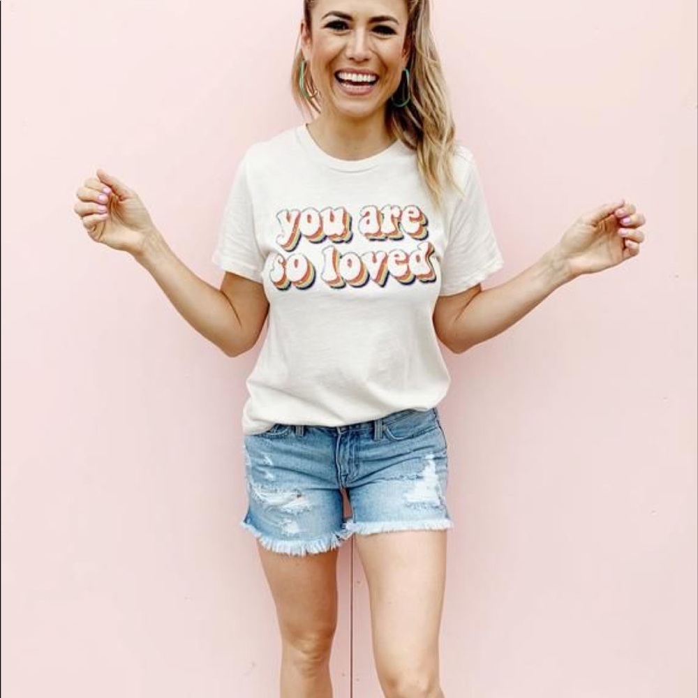 cream and rainbow tee